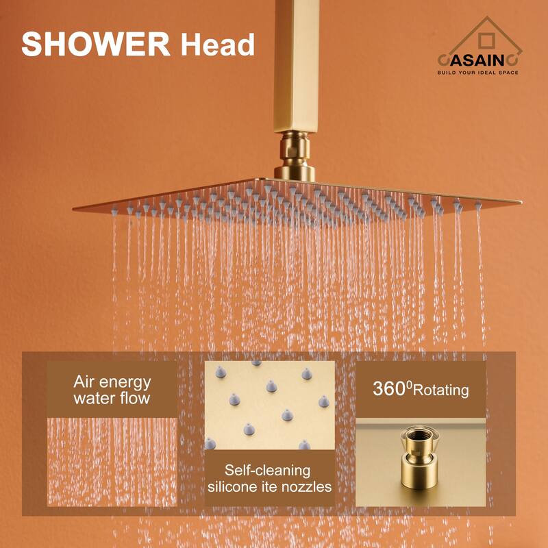 Wall-Mounted Tub Shower Faucets Set with Pre-embedded Valve, 12-inch Square Waterfall Shower Head System(Gold)