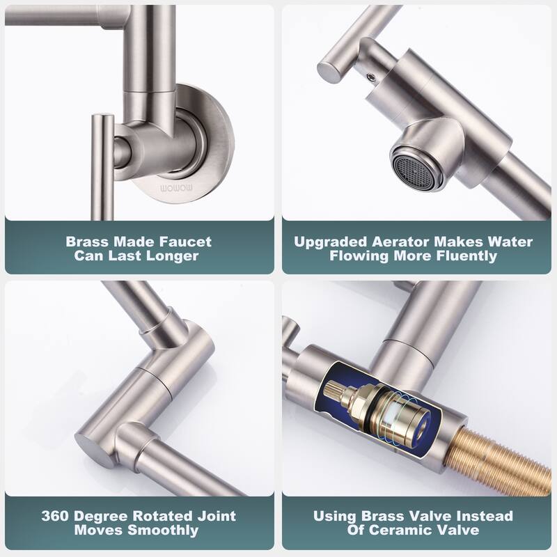 WOWOW Wall Mounted Pot Filler with Control Double Joint Swing Arm