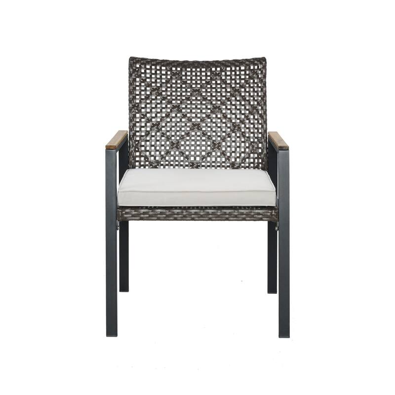 All Weather 5-Piece Patio Dining Table Sets, Patio Conversation Set Acacia Wood Table Top with Umbrella Hole, Rattan Outdoor