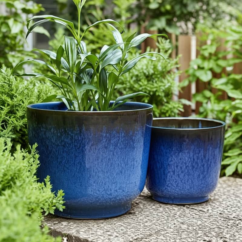 Ceramic Stone Planter Pots with Drainage Holes and Glossy Glazed Finish - 12" x 12" x 10" - Blue