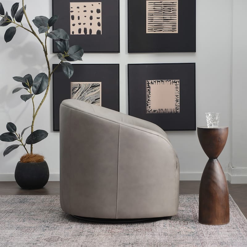 KINWELL 32"W Top Grain Genuine Leather Swivel Barrel Armchair