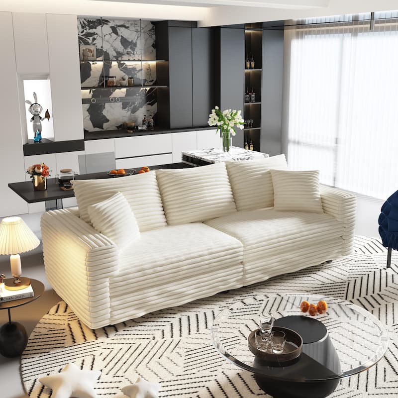 Modular Sectional Sofa with Ottomans, Oversized Corduroy Upholstered Cloud Sofa, Convertible Boneless Deep Seat Couch - Beige+White