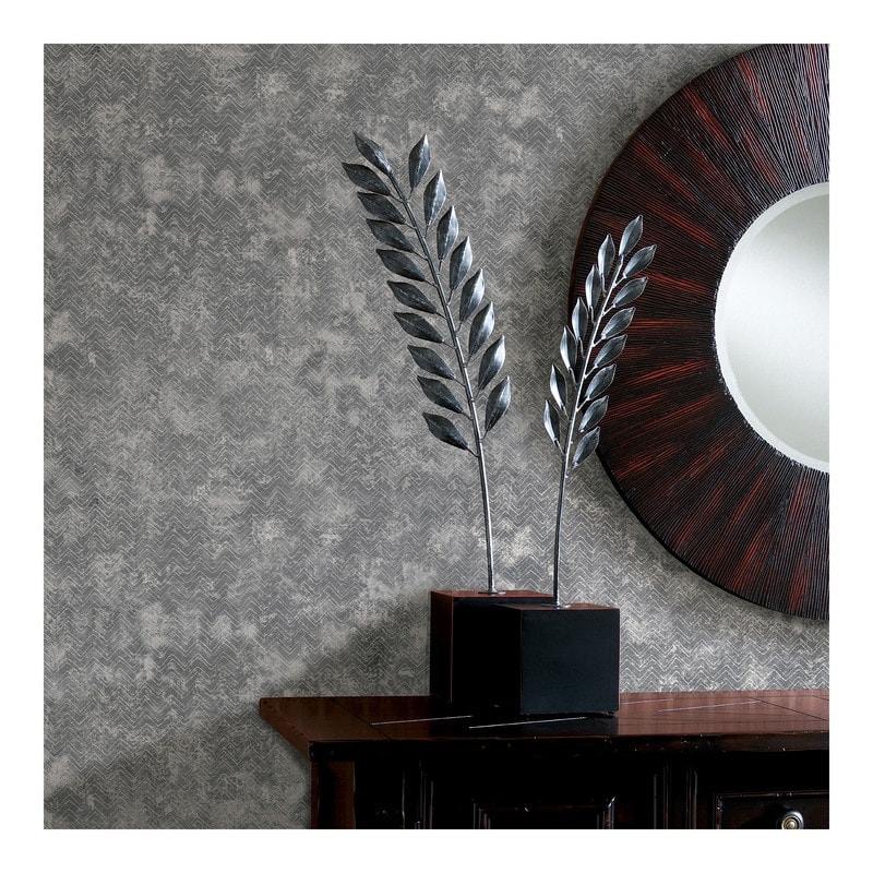 Brewster Luna Pewter Distressed Chevron Wallpaper - 27.5 x 396 x 0.025