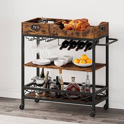 Modern 3 Tier Serving Bar Cart with Wheels & Wine Rack - N/A