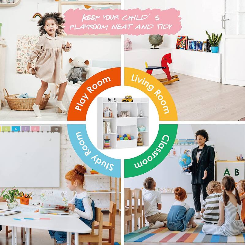 UTEX Kids Toy Storage and Bookshelf , Multifunctional Bookcase with 8 Cubbies and Bins, Open Organizer Display Stand White