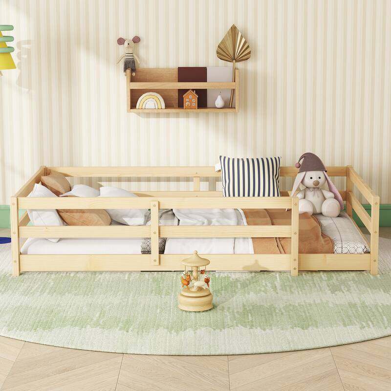 Twin/Full Montessori Floor Bed with Safety Fence - Wood Kids Floor Bed for Boys & Girls - Oak - Twin