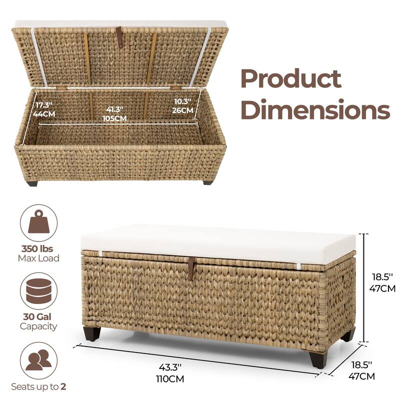 Wicker Storage Bench with Cushion for Bedroom, Living Room, Porch - 18.5'' H X 43.3'' W X 18.5'' D