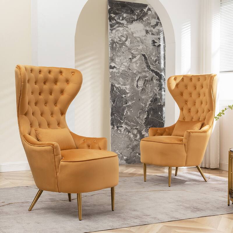 KINWELL Tufted High Wingback Accent Chairs Velvet Armchairs, Set of 2