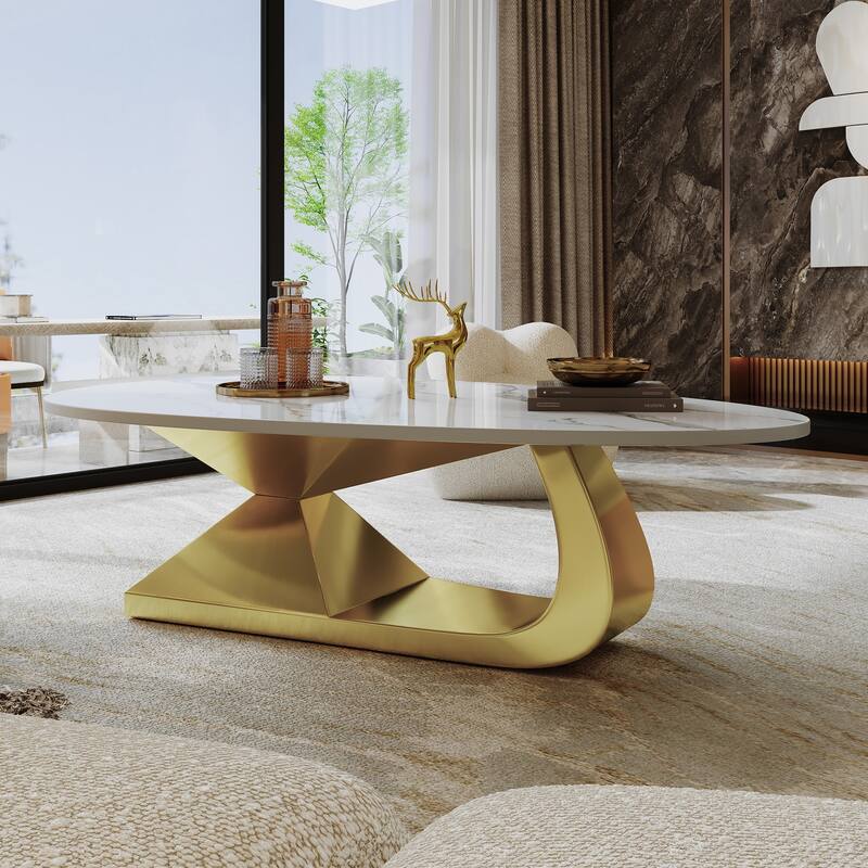 Modern Coffee Table Fish Belly White Marble Coffee Table Stainless Steel Base and Adjustable Feet, for Living Room