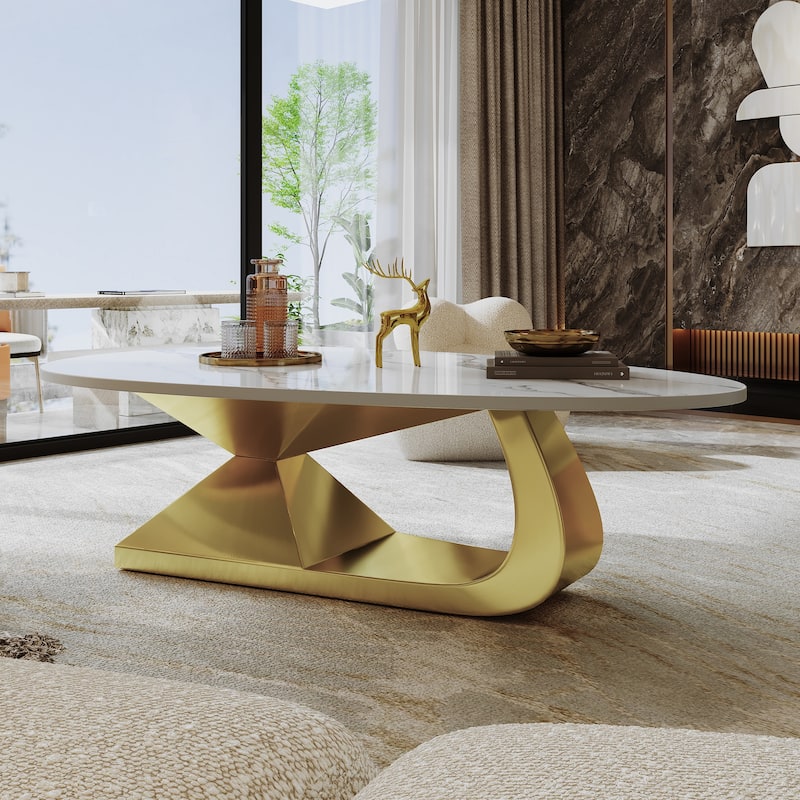 Pebble Shape Tabletop Coffee Table with Irregular Stainless Steel Base