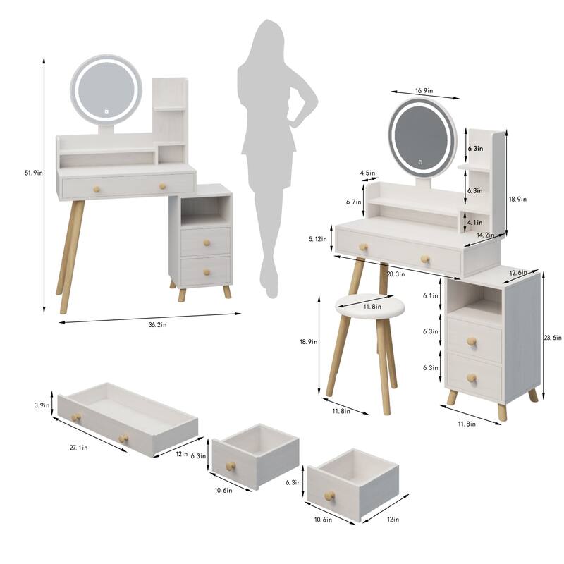 Vanity Desk with LED Lighted Mirror, Vanity Table Set with Cushioned Stool, Dressing Table with Drawers and Open Shelves