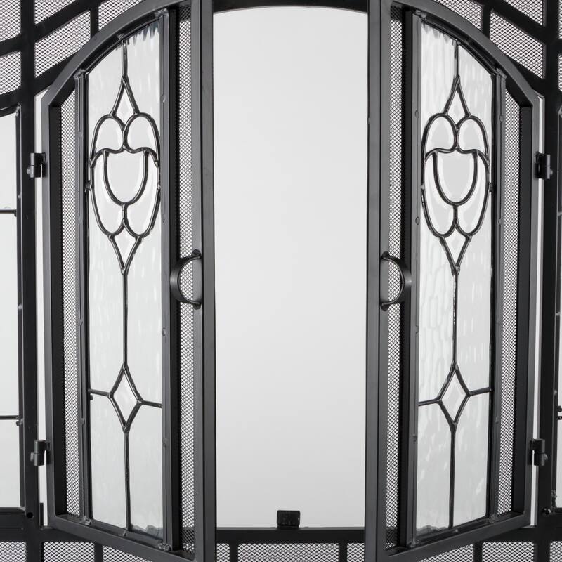 Large Two-Door Fireplace Screen with Glass Floral Panels - Black