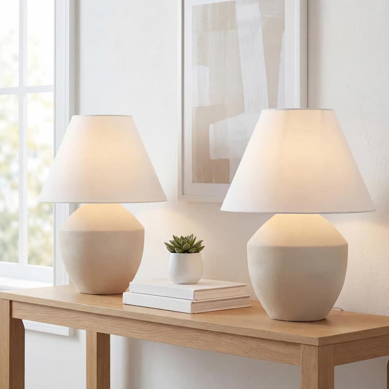 Ralf 20.5" Minimalist Scandinavian Resin/Iron LED Table Lamp (Set of 2), by JONATHAN Y - Matte Cream