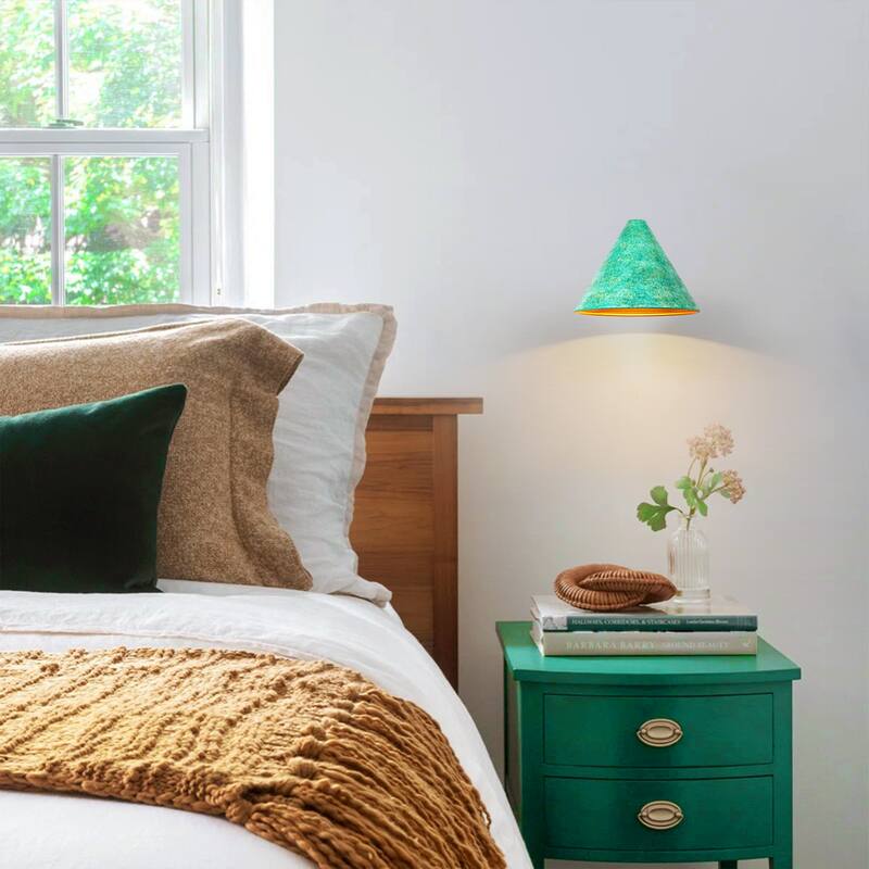 Rennnsan 1-Light Farmhouse Distressed Green Metal Shade Cone Wall Sconce with Gold Interior Accent