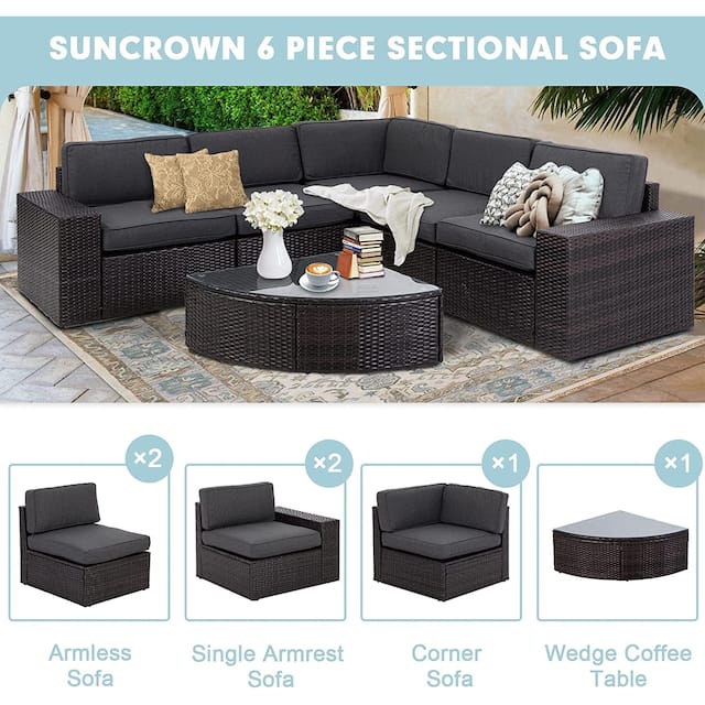 Suncrown Outdoor 6-piece Brown Rattan Sectional Sofa Set with Table