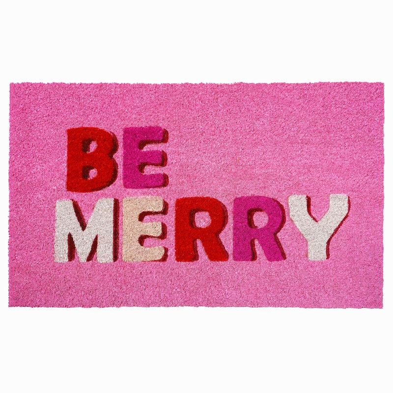 HomeRoots 17" X 29" Pink Red And White Christmas Outdoor Coir Door Mat - 17.00' X '29.00
