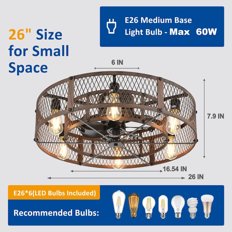 20-26Inch Caged Ceiling Fan with Light and Remote: APP Control Quiet DC Motor (E26 Bulbs Included)