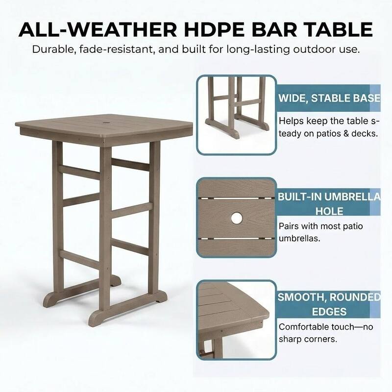 HDPE Bar-Height Outdoor Patio Pub Table, 42.1" Square High Top Bistro Table with Umbrella Hole, Weather-Resistant Slatted Top