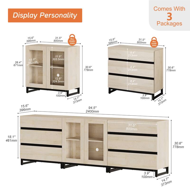 3 In 1 TV Stand for Tvs Up to 100 Inch, Modern TV Console with Glass Doors and 6 Drawers, Entertainment Center for Living Room