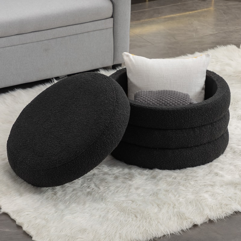Boucle Fabric Storage Round Ottoman Footstool With Wooden Shelving,Black - Black