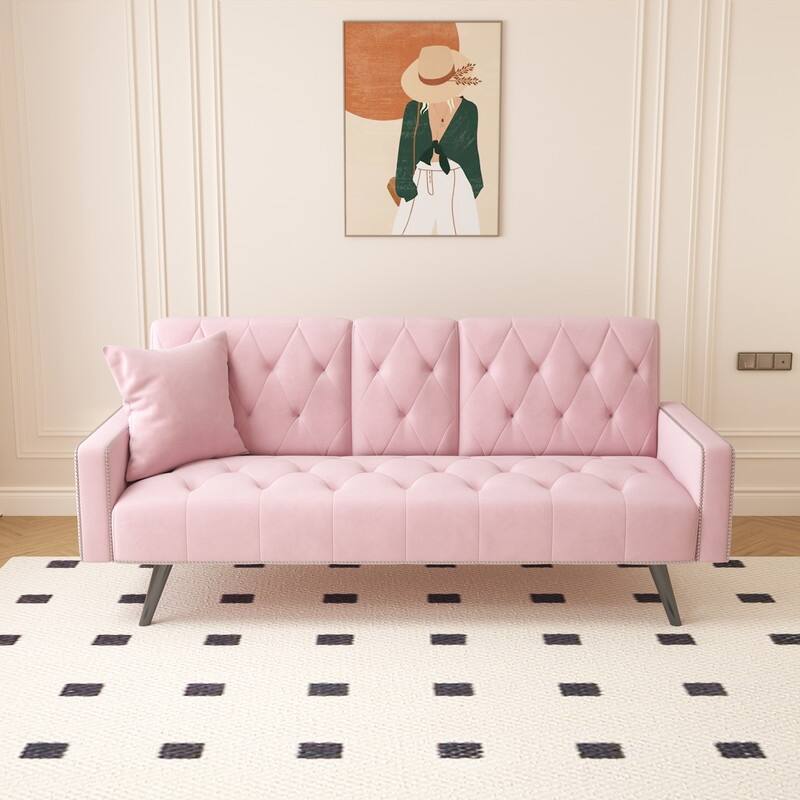 72 inch Velvet Sofa Bed With Two Cup Holders - Pink