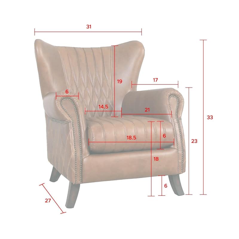Pasargad Home Harrison Top Grain Leather Wing Chair, Brown - W31"xD27"xH33"