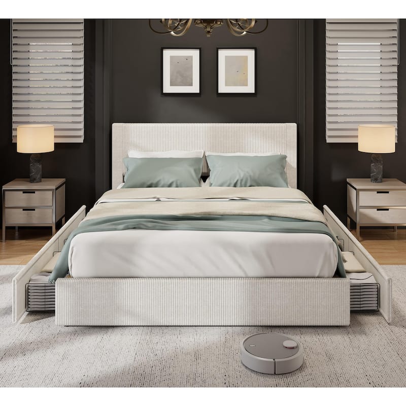 Full/Queen/King Size Bed Frame with Tufted Wingback Headboard, Platform Corduroy Upholstered Bed Frame with 4 Drawers