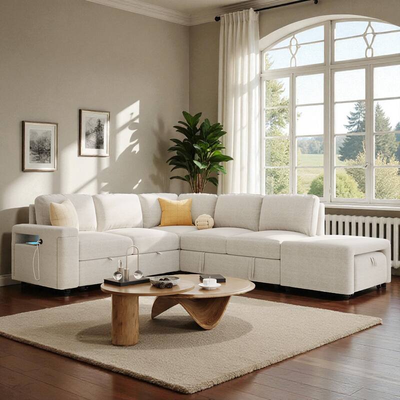 L-Shaped Modular Sofa with Storage Space USB Ports and Cup Holders Padded Sectional Couch for Living Room Office Apartment
