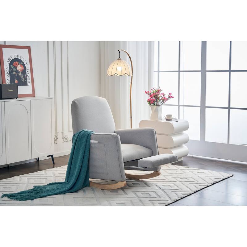 Cotton Linen Fabric Nursery Rocking Chair With Adjustable Footrest - Light Gray