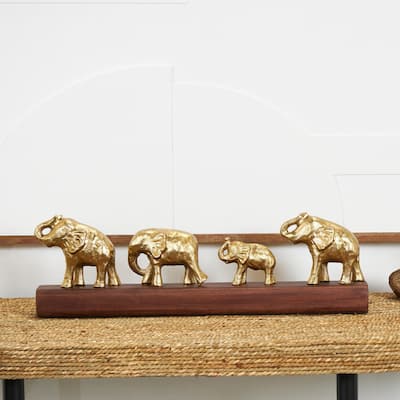 Gold Aluminum Metal Elephant Sculpture with Brown Wooden Base