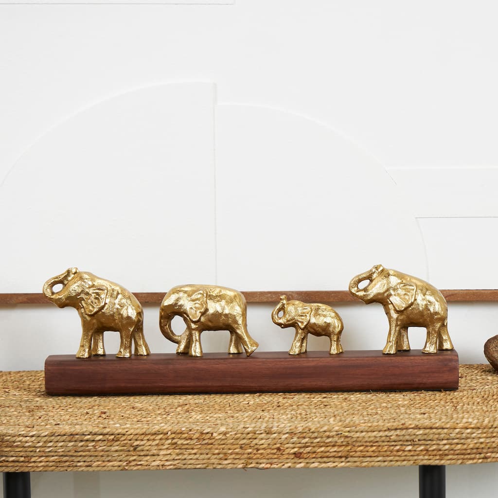Gold Aluminum Metal Elephant Sculpture with Brown Wooden Base