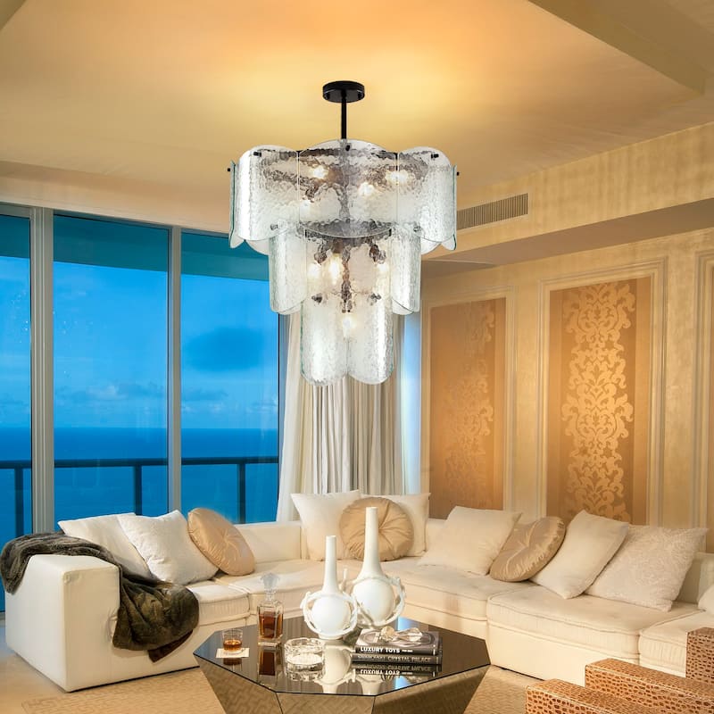 23-Inch Modern Glass Chandeliers, 3 Tiers 8-Light Farmhouse Hammered Stone Glass Chandelier Fixture for Living Room, Bedroom