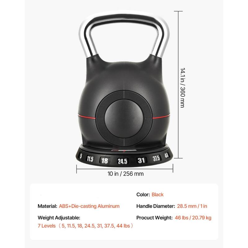 Black Adjustable Kettlebell with 7 Weight Levels ABS Body and Aluminum Handle for Full Workouts - 10 x 10 x 14.1 in