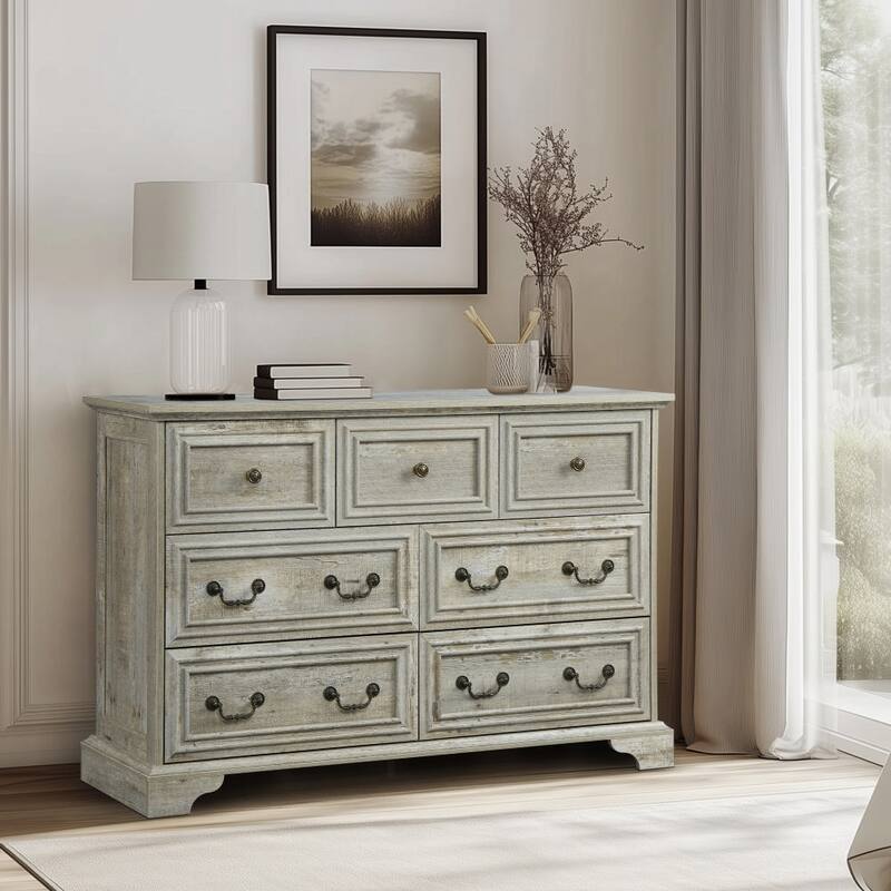 7 Drawers Dresser for Bedroom, Multi-functiona Wooden Storage Cabinet, Clothing Organizer with Roman Column Handles