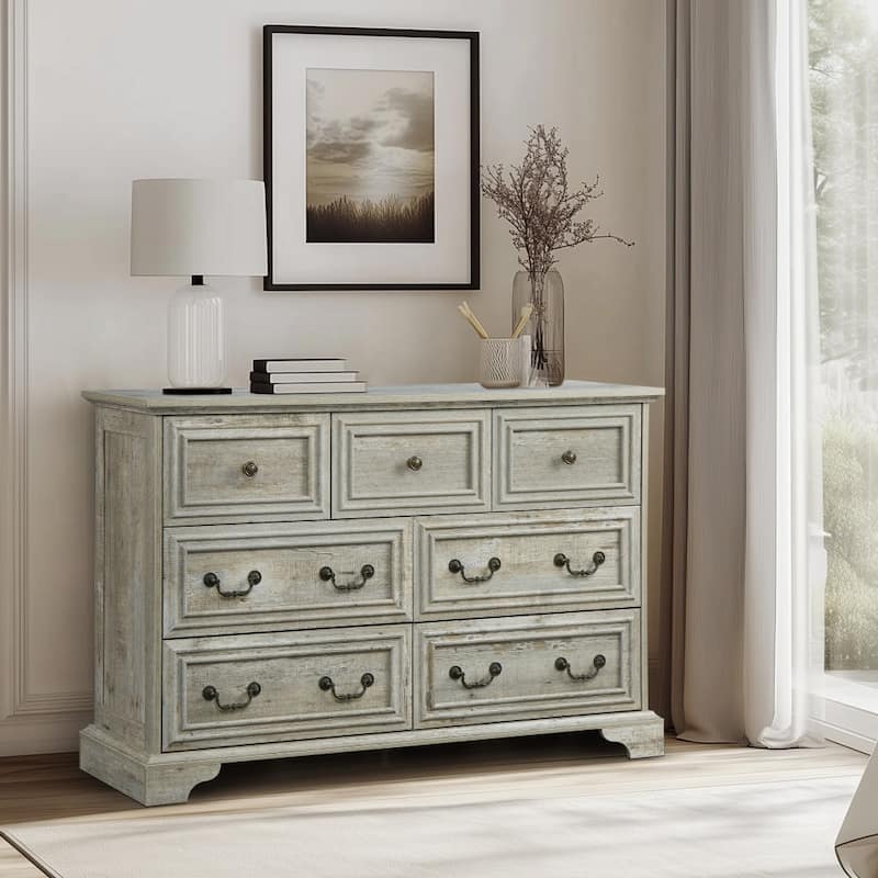 Anmytek Rustic Farmhouse 7-Drawer Dresser - Antique White Vintage Storage Organizer