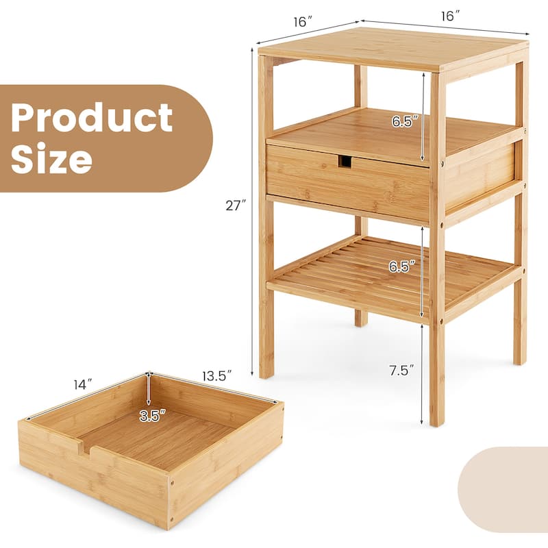 Gymax Bamboo Nightstand w/ Pull-out Drawer & Storage Shelf Wood