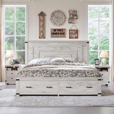 Farmhouse Wood Bed Frame with 54" Tall Headboard, 2 Large Drawers