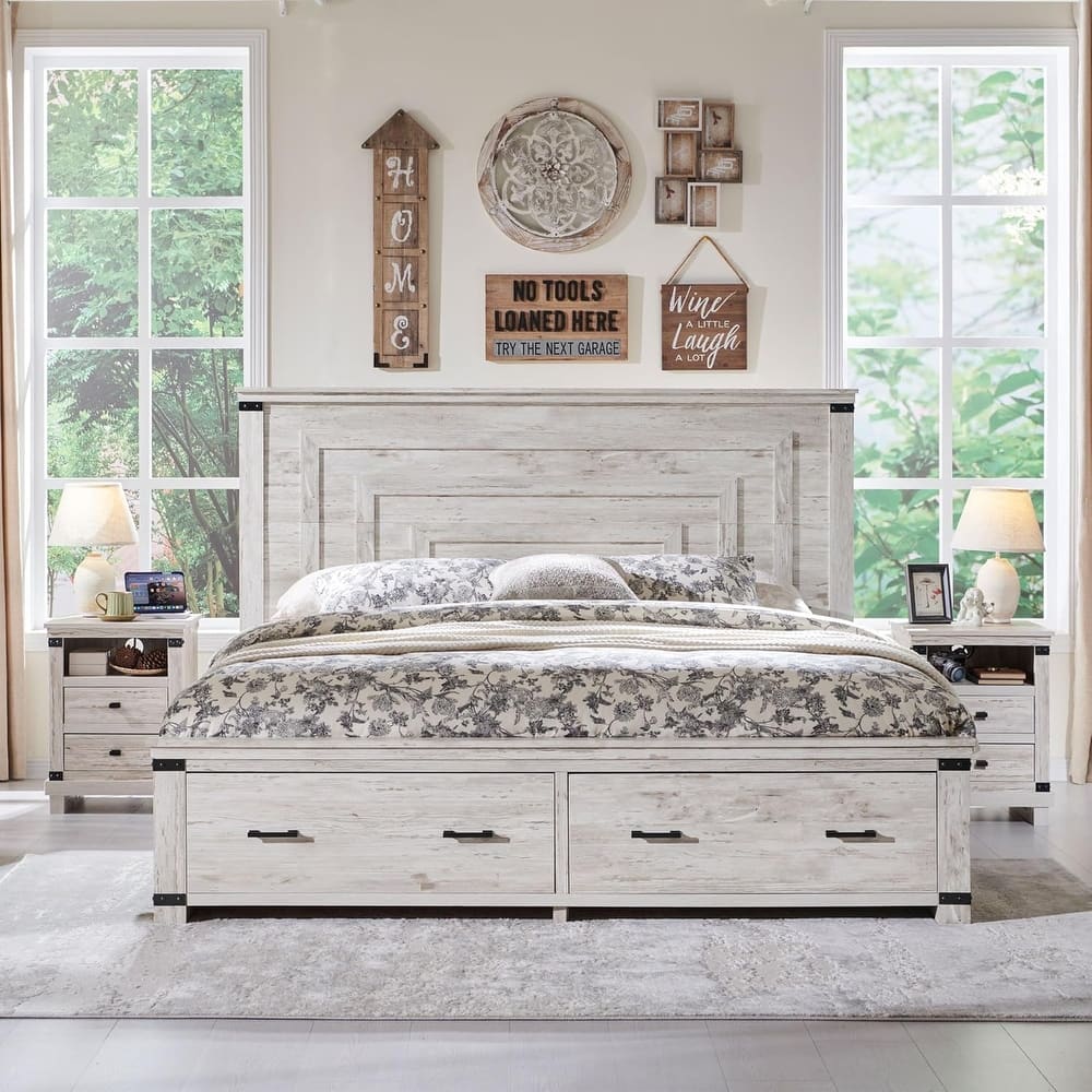 Farmhouse Wood Bed Frame with 54" Tall Headboard, 2 Large Drawers