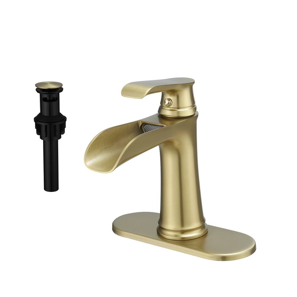 Single Handle Waterfall Bathroom Faucet with Drain Assembly Brass 1 Hole Modern Bathroom Sink Vanity Taps with Deck Plate