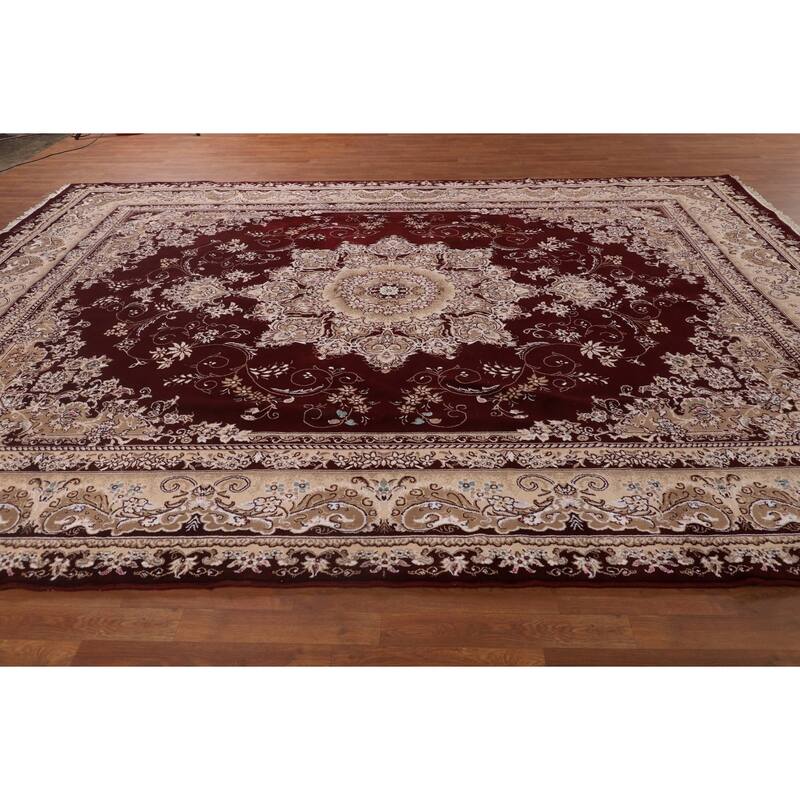 Burgundy Medallion Tabriz Area Rug Machine Made Carpet - 9'9" x 13'2"