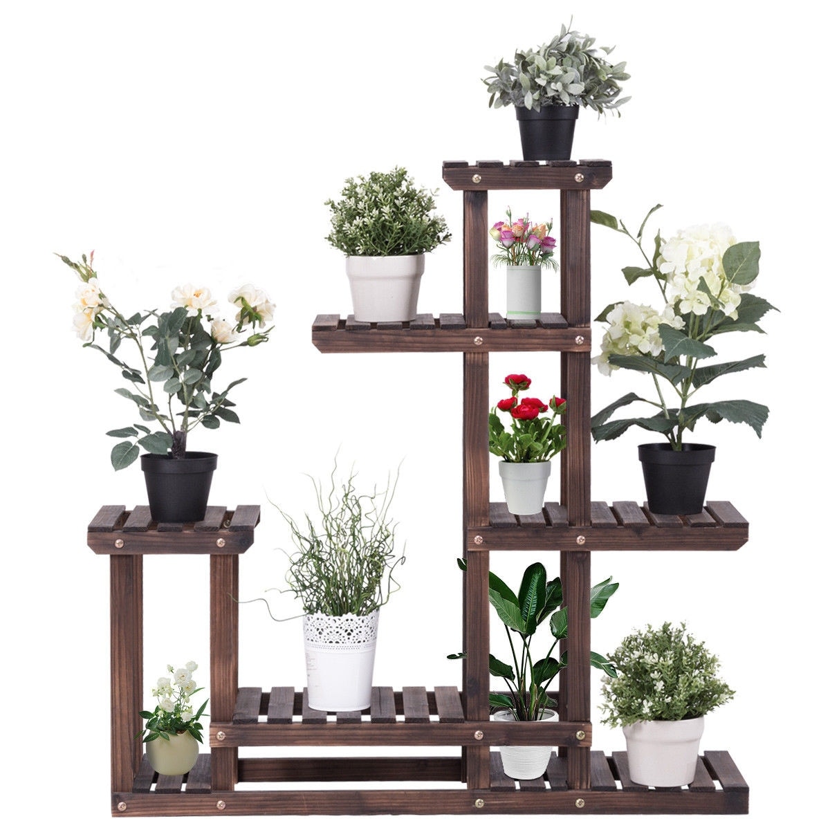 Costway Outdoor Wooden Plant Flower Display Stand 6 Wood Shelf Storage - 40'' x 10'' x 38''