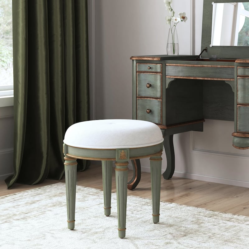 Bernadette 18.5 in. Seat Height Round Upholstered and Wood Traditional Vanity Stool - Green