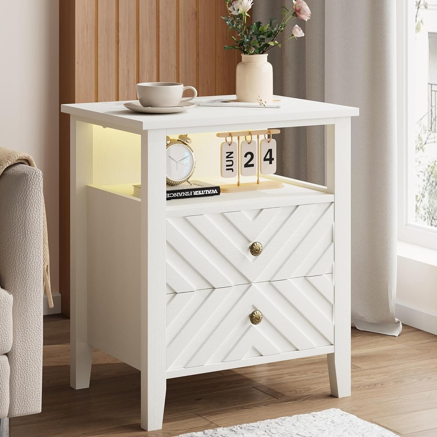 Nightstand with 2 Storage Drawers, Farmhouse Bedside Table