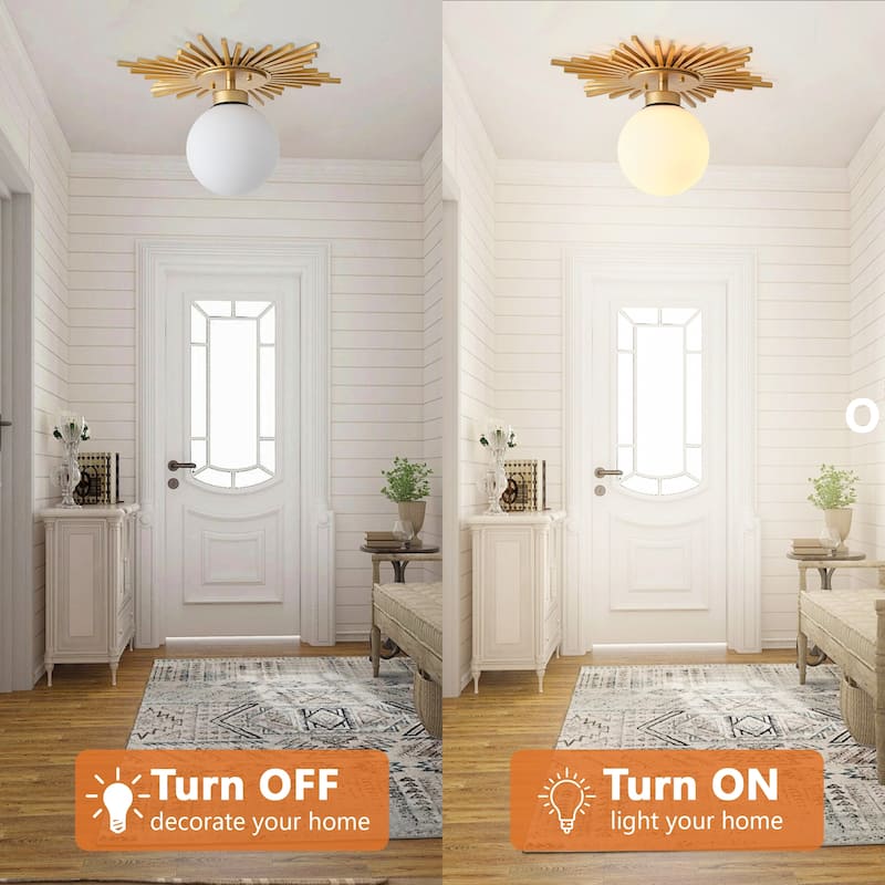 18" Antique Brass 1-Light Glass Globe Semi Flush Mount Ceiling Light