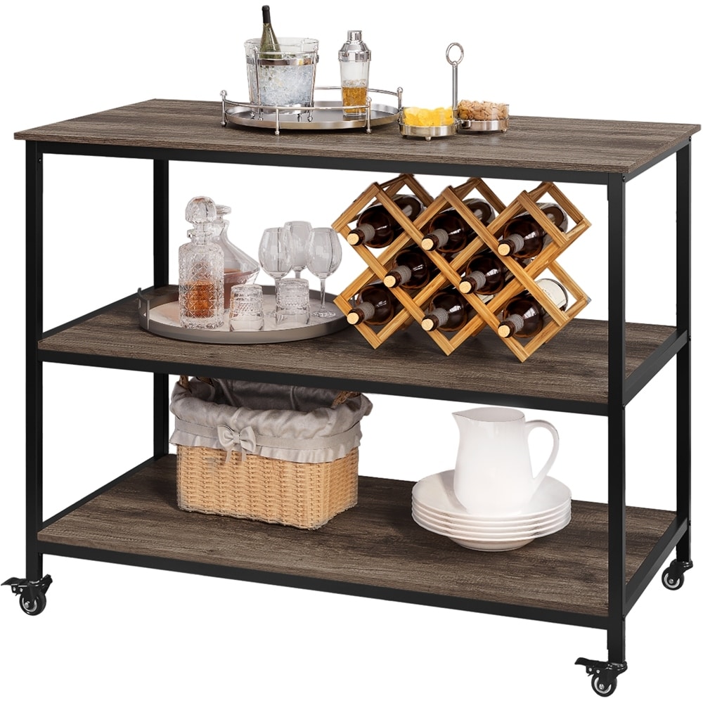 Yaheetech 3-Tier Rolling Kitchen Island on Wheels Microwave Cart Serving  Cart with Storage Drawer and Shelves, Taupe Wood 
