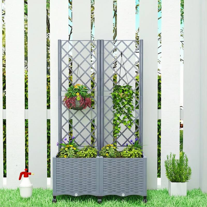 Outsunny Planter Box with Trellis, Self Watering Raised Garden Bed with Lockable Wheels, 56.3" Trellis Privacy Planter