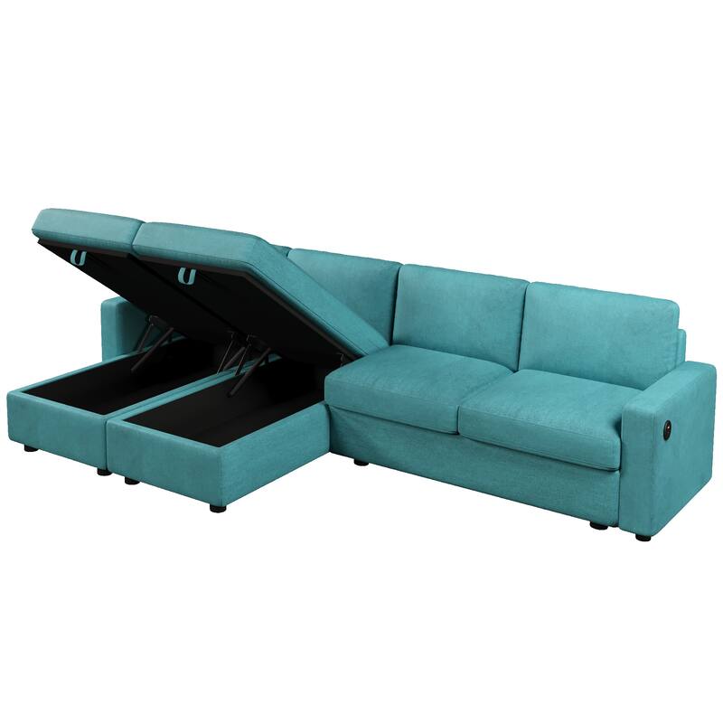 103.9" Sectional Sofa Convertible Sectional Sofa, U-shaped Sofa with Two Storage Chaise Lounges and Four USB Ports