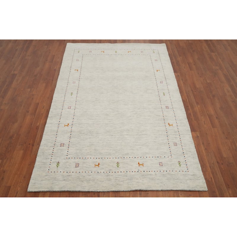 Hand Knotted Oriental 100% Wool Carpet Tribal Animal Pictorial Beige & Ivories Gabbeh Area Rug - 7' 9'' X 5' 0''