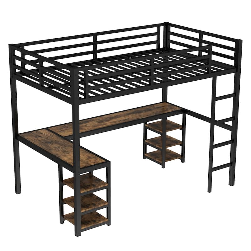 Twin XL Metal Loft Bed with Desk and Shelves, Loft Bed with Ladder and Guardrails, Loft Bed Frame for Bedroom