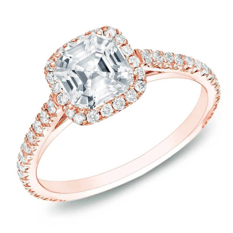 Auriya 14k Gold 1 1/2ctw Asscher-cut Halo Diamond Engagement Ring Certified (H-I, VS1-VS2) - Rose - 4